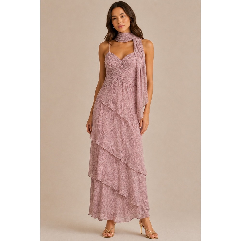 Chetta B Silk Tiered Ruffle Maxi Dress with Scarf Dahlia Purple 8
